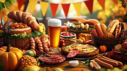 Poster - A table filled with various foods accompanied by a glass of beer, perfect for a casual gathering or party