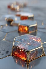 Fototapete - Glowing Hexagonal Path, 3D Rendered Metallic Surface