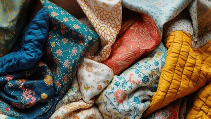 Poster - A close-up view of a stack of vibrant quilts, perfect for decorating or photography projects