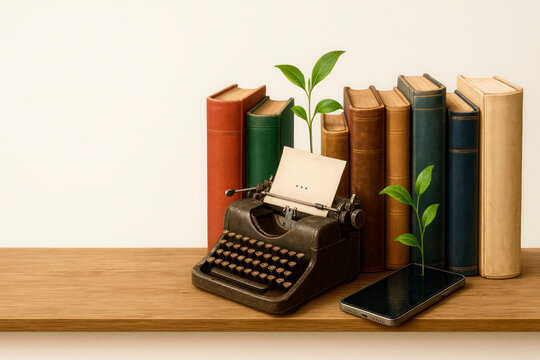 Sprouts of knowledge among books and technologies. Space for text.