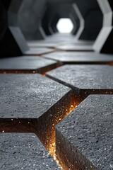 Poster - Glowing Hexagonal Tiles in a Dark Sci-fi Tunnel