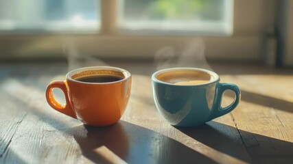 Aufkleber - Two cups of coffee placed on a wooden table, ideal for a cozy breakfast or morning routine
