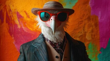 Aufkleber - A bird perched on a colorful wall, wearing sunglasses and a hat