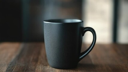 Aufkleber - A simple still life image of a black coffee cup resting on a wooden table