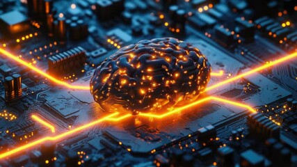 Poster - A computer motherboard with a glowing brain component, ideal for tech-related illustrations and presentations