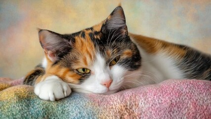 Aufkleber - A calico cat relaxing on a cozy blanket, perfect for use in animal or home decor photography