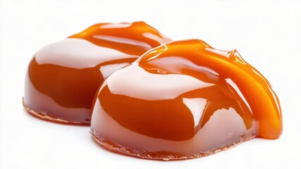 Poster - Two sweet treats covered in caramel on a clean white surface, perfect for food photography or recipe illustrations