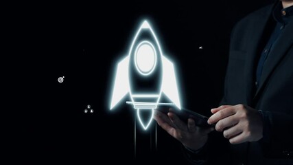 Poster - A professional individual holds a tablet displaying a futuristic rocket launch icon surrounded by various digital symbols, representing business growth, innovation, and success. Qubit