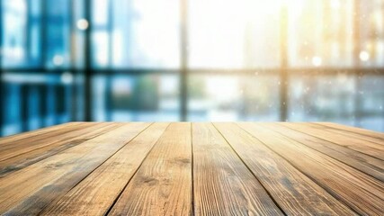 Poster - A simple wooden table situated in front of a large window, ideal for a cozy reading nook or office setup