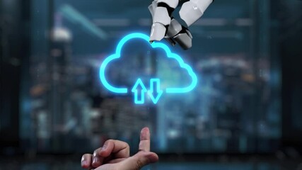 Fototapete - A robotic hand engages with a glowing cloud data storage graphic, showcasing the intersection of technology and data management in a modern digital workspace. Auvana