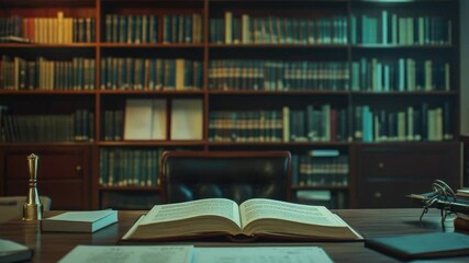 Poster - A classic scene with an open book resting on a wooden desk, ideal for educational or office settings