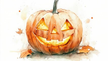 Poster - Watercolor illustration of a jack-o-lantern on Halloween night, perfect for seasonal decorations and autumn-themed designs