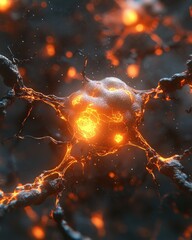 Poster - Glowing Orange Neural Network Mesh: Intricate Digital Representation of Brain Cells