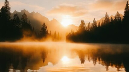 Poster - Peaceful lake scene at sunset with mountains in the background, suitable for use in travel or outdoor adventure imagery
