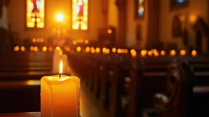 Poster - A warm and cozy scene of a candle lit inside a beautiful church with vibrant stained glass windows