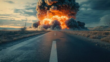 Poster - Explosion damage on the road, caution tape and emergency vehicles