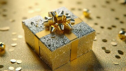 Poster - A beautifully wrapped gift box with a golden bow on top, ideal for presentations and special occasions