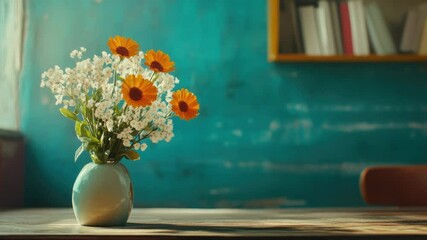 Poster - A vase filled with fresh flowers sits on top of a wooden table, perfect for adding a touch of elegance to any room or occasion