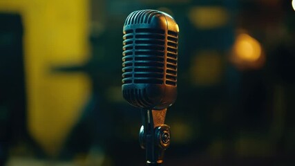 Poster - A close-up view of a microphone on its stand, ready for recording or performance