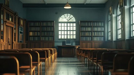 Poster - A room filled with many wooden chairs