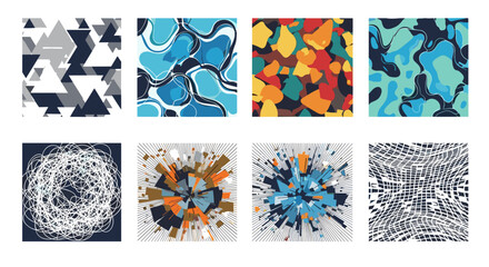 Poster - Collection of eight abstract art pieces featuring geometric shapes and fluid organic patterns design set