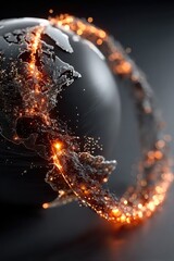 Poster - Glowing Planet Orbit: Digital Art of a Dark Sphere with Orange Energy Trails