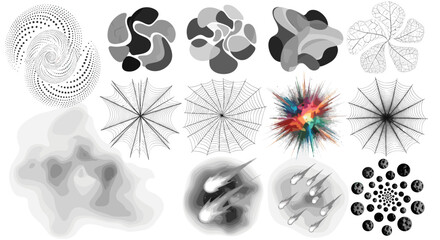 Poster - Collection of diverse abstract grayscale elements including spirals webs and meteor shower designs artfully arranged