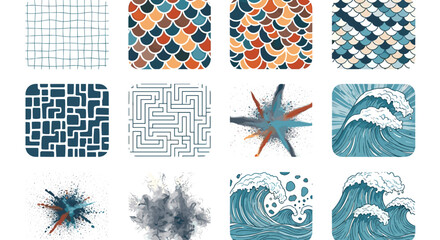 Poster - Collection of twelve abstract designs featuring patterns waves and artistic expressions arranged in a grid