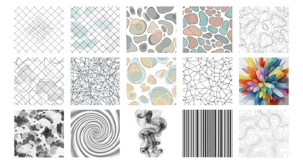 Poster - Collection of abstract patterns including grids, shapes, lines, and watercolor effects displayed together