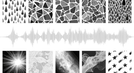 Poster - Collage of grayscale patterns including raindrops mosaic sound waves light smoke and shooting stars design