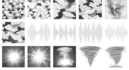 Poster - Collection of grayscale patterns including scales camouflage sound waves lightning and tornadoes visuals 100