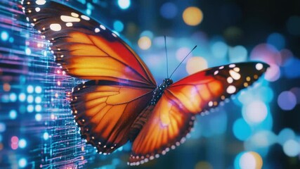 Poster - A close-up shot of a colorful butterfly sitting on a computer screen, possibly representing technology and nature coexisting