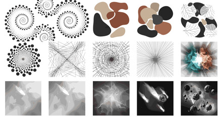 Poster - A collection of fifteen abstract images featuring spirals, shapes, lines, and celestial elements present