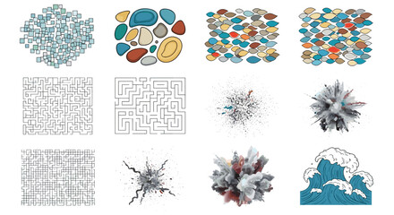 Poster - Collection of abstract designs featuring geometric shapes mazes explosions and stylized ocean waves art