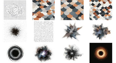 Poster - A collection of diverse abstract images featuring patterns mazes and cosmic phenomena in a grid layout