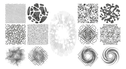 Poster - Collection of diverse grayscale patterns including nets blobs abstract shapes and spirals arranged on white