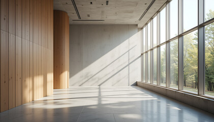 Poster - Modern architectural space with large windows showcases sunlit interior, highlighting wood panels and concrete design for contemporary appeal.