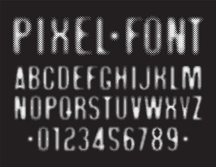 Poster - Hand drawn font consisting of dots, points. Simple font with the theme of computer games, digital technologies, pixels. Set of letters and numbers of the Latin alphabet. No AI used