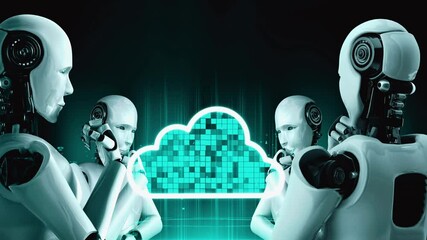 Poster - AI robot huminoid uses cloud computing technology to store data on online server . Futuristic concept of cloud information storage analyzed by machine learning process . 3D rendering .