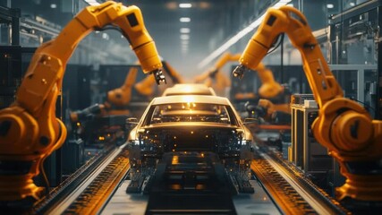 Poster - Robots assembling a car in a factory setting