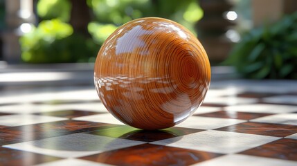 Leinwandbilder - Polished wooden sphere on a checkered surface.