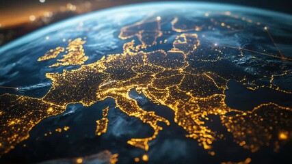 Poster - Satellite image of Europe viewed from space at nighttime, with city lights and outlines visible