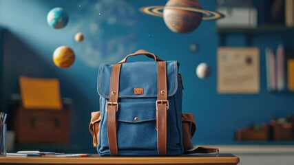 Poster - A blue backpack sits atop a wooden table, providing a functional storage solution