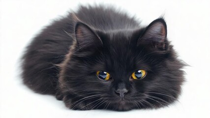 Poster - A black cat with bright yellow eyes is resting on the ground
