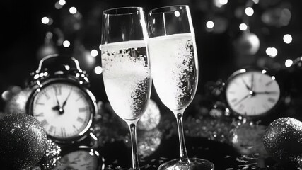 Poster - Two glasses of champagne on a table with a clock in the background, perfect for celebrations or milestones