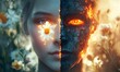 © VictoriaEmerson - Surreal portrait of beautiful woman with half face made of burning lava and half with daisy flower, showing duality of human nature