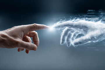 Poster - Two hands meet creating futuristic connection, concept of digital world. Human hand and digital hand touch and emit energy, innovation and modern concept