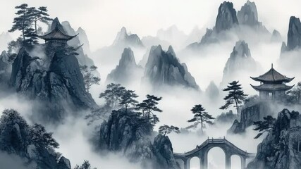 Poster - A serene black and white image of a mountain with a traditional Japanese-style pagoda