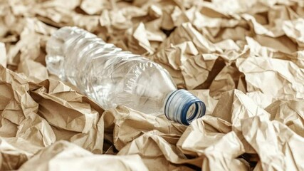 Poster - A plastic bottle sits atop a pile of crumpled paper, perfect for depicting cluttered office or workspace scenes