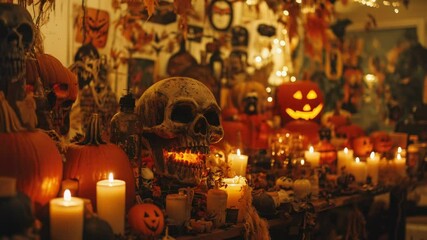 Poster - A festive Halloween table setting with numerous decorations and candles, perfect for parties or home decor
